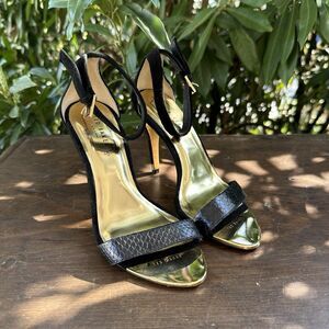 Ted Baker Black Gold Heels Ankle Strap Stiletto Metallic Sole Glam Party Sz 6